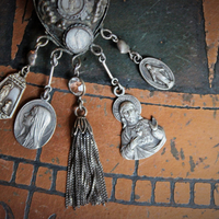 Unique Antique Silver Prayer Box Necklace w/Inset Antique Medals,Hanging Antique French Medals, Sterling Chain Tassel,Sterling Puffy Heart Connectors,Antique Bezel Set Crystal