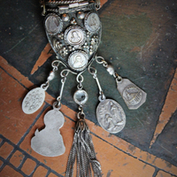 Unique Antique Silver Prayer Box Necklace w/Inset Antique Medals,Hanging Antique French Medals, Sterling Chain Tassel,Sterling Puffy Heart Connectors,Antique Bezel Set Crystal