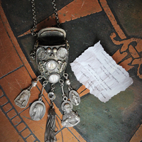 Unique Antique Silver Prayer Box Necklace w/Inset Antique Medals,Hanging Antique French Medals, Sterling Chain Tassel,Sterling Puffy Heart Connectors,Antique Bezel Set Crystal