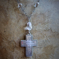 Antique French Sterling Engraved Sacred Hearts Cross Necklace w/Antique Undrilled & Faceted Rock Crystal Connectors,Faceted Rock Crystal Stone,Antique Sterling Chain