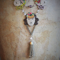 Joy Follows Necklace w/Antique Prong Set Rhinestone Faces,Antique Embossed Chain,Antique Chain Tassel, Antique Faceted Art Deco Beads