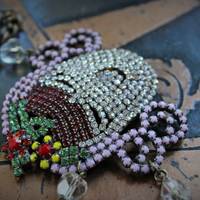Joy Follows Necklace w/Antique Prong Set Rhinestone Faces,Antique Embossed Chain,Antique Chain Tassel, Antique Faceted Art Deco Beads