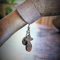 Unique Wide Vintage Micro Pave Sterling Vermeil Cuff Bracelet w/Antique French Sacred Heart Medal,Antique Gold Engraved Locket,Antique Religious Rose,Engraved French 'Fill My Heart with your Love' Cross