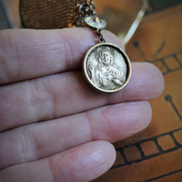 Unique Wide Vintage Micro Pave Sterling Vermeil Cuff Bracelet w/Antique French Sacred Heart Medal,Antique Gold Engraved Locket,Antique Religious Rose,Engraved French 'Fill My Heart with your Love' Cross