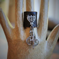 Distressed Leather Band Ring w/RARE Tiny Antique French Reliquary Cross,Antique French Sacred Heart of Jesus Medal,Antique Fatima Sacred Heart Marian Medal