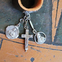 Distressed Leather Band Ring w/RARE Tiny Antique French Reliquary Cross,Antique French Sacred Heart of Jesus Medal,Antique Fatima Sacred Heart Marian Medal