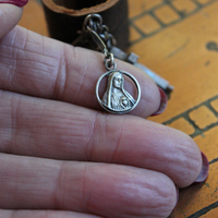 Distressed Leather Band Ring w/RARE Tiny Antique French Reliquary Cross,Antique French Sacred Heart of Jesus Medal,Antique Fatima Sacred Heart Marian Medal