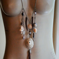 Gifts from the Sea Necklace w/Distressed Leather,Sterling Chain,Found Shells,Banded Agate,Distressed Leather Tassel