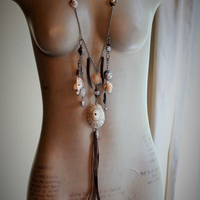 Gifts from the Sea Necklace w/Distressed Leather,Sterling Chain,Found Shells,Banded Agate,Distressed Leather Tassel