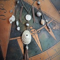 Gifts from the Sea Necklace w/Distressed Leather,Sterling Chain,Found Shells,Banded Agate,Distressed Leather Tassel