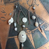 Gifts from the Sea Necklace w/Distressed Leather,Sterling Chain,Found Shells,Banded Agate,Distressed Leather Tassel