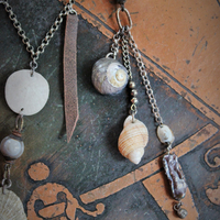 Gifts from the Sea Necklace w/Distressed Leather,Sterling Chain,Found Shells,Banded Agate,Distressed Leather Tassel