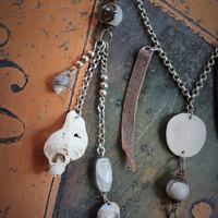 Gifts from the Sea Necklace w/Distressed Leather,Sterling Chain,Found Shells,Banded Agate,Distressed Leather Tassel