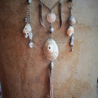 Gifts from the Sea Necklace w/Distressed Leather,Sterling Chain,Found Shells,Banded Agate,Distressed Leather Tassel