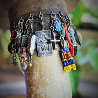 Distressed Leather Gypsy Charm Cuff Bracelet w/Sterling Tarot Medal,Mini Sterling Perfume/Oil Vessel,Antique Sterling Puffy Star & Crescent Moon Drops,Multiple