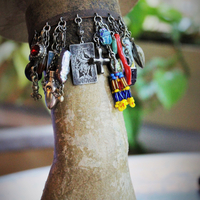 Distressed Leather Gypsy Charm Cuff Bracelet w/Sterling Tarot Medal,Mini Sterling Perfume/Oil Vessel,Antique Sterling Puffy Star & Crescent Moon Drops,Multiple