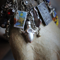 Distressed Leather Gypsy Charm Cuff Bracelet w/Sterling Tarot Medal,Mini Sterling Perfume/Oil Vessel,Antique Sterling Puffy Star & Crescent Moon Drops,Multiple