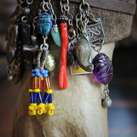 Distressed Leather Gypsy Charm Cuff Bracelet w/Sterling Tarot Medal,Mini Sterling Perfume/Oil Vessel,Antique Sterling Puffy Star & Crescent Moon Drops,Multiple