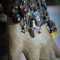 Distressed Leather Gypsy Charm Cuff Bracelet w/Sterling Tarot Medal,Mini Sterling Perfume/Oil Vessel,Antique Sterling Puffy Star & Crescent Moon Drops,Multiple