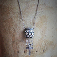 Antique Prayer Box with Inset Faceted Crystals,French Sacred Heart Cross,Antique Sterling Puffy Star and Crescent Moon,Silver Capped Quartz Point,Antique Faceted Rock Crystal Tear Drop