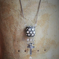 Antique Prayer Box with Inset Faceted Crystals,French Sacred Heart Cross,Antique Sterling Puffy Star and Crescent Moon,Silver Capped Quartz Point,Antique Faceted Rock Crystal Tear Drop