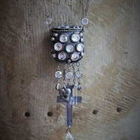 Antique Prayer Box with Inset Faceted Crystals,French Sacred Heart Cross,Antique Sterling Puffy Star and Crescent Moon,Silver Capped Quartz Point,Antique Faceted Rock Crystal Tear Drop