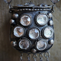 Antique Prayer Box with Inset Faceted Crystals,French Sacred Heart Cross,Antique Sterling Puffy Star and Crescent Moon,Silver Capped Quartz Point,Antique Faceted Rock Crystal Tear Drop