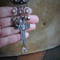 Antique Prayer Box with Inset Faceted Crystals,French Sacred Heart Cross,Antique Sterling Puffy Star and Crescent Moon,Silver Capped Quartz Point,Antique Faceted Rock Crystal Tear Drop