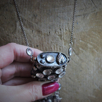 Antique Prayer Box with Inset Faceted Crystals,French Sacred Heart Cross,Antique Sterling Puffy Star and Crescent Moon,Silver Capped Quartz Point,Antique Faceted Rock Crystal Tear Drop