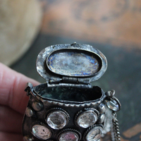 Antique Prayer Box with Inset Faceted Crystals,French Sacred Heart Cross,Antique Sterling Puffy Star and Crescent Moon,Silver Capped Quartz Point,Antique Faceted Rock Crystal Tear Drop