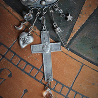 Antique Prayer Box with Inset Faceted Crystals,French Sacred Heart Cross,Antique Sterling Puffy Star and Crescent Moon,Silver Capped Quartz Point,Antique Faceted Rock Crystal Tear Drop