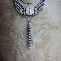 Antique European Faceted Winged Rhinestone Necklace Set w/Antique French Benitier Marian Finding,Vintage Sterling Link and Tiny Ball Chain,Chain Tassel