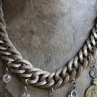 Show Yourself a Mother Necklace w/Exceptional Antique French Marian Medal, Antique Bezel Set Faceted Rock Crystal Connectors, Antique Embossed Link Chain