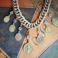 Show Yourself a Mother Necklace w/Exceptional Antique French Marian Medal, Antique Bezel Set Faceted Rock Crystal Connectors, Antique Embossed Link Chain