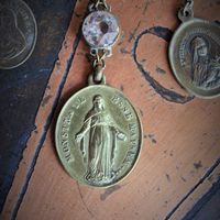 Show Yourself a Mother Necklace w/Exceptional Antique French Marian Medal, Antique Bezel Set Faceted Rock Crystal Connectors, Antique Embossed Link Chain