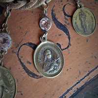 Show Yourself a Mother Necklace w/Exceptional Antique French Marian Medal, Antique Bezel Set Faceted Rock Crystal Connectors, Antique Embossed Link Chain