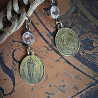 Show Yourself a Mother Necklace w/Exceptional Antique French Marian Medal, Antique Bezel Set Faceted Rock Crystal Connectors, Antique Embossed Link Chain