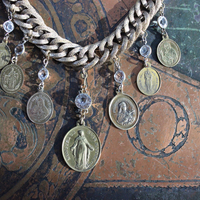 Show Yourself a Mother Necklace w/Exceptional Antique French Marian Medal, Antique Bezel Set Faceted Rock Crystal Connectors, Antique Embossed Link Chain