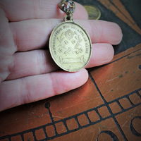 Show Yourself a Mother Necklace w/Exceptional Antique French Marian Medal, Antique Bezel Set Faceted Rock Crystal Connectors, Antique Embossed Link Chain