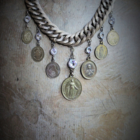 Show Yourself a Mother Necklace w/Exceptional Antique French Marian Medal, Antique Bezel Set Faceted Rock Crystal Connectors, Antique Embossed Link Chain