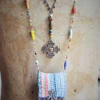 NEW! Antique Kantha Handstitched Pounch Pendant w/Miniature Bound The Prophet Book,Antique Art Deco Mardis Gras Beads & Chains,French Medals & Sparrows