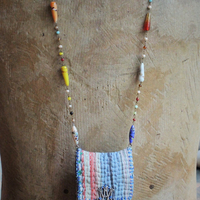 NEW! Antique Kantha Handstitched Pounch Pendant w/Miniature Bound The Prophet Book,Antique Art Deco Mardis Gras Beads & Chains,French Medals & Sparrows