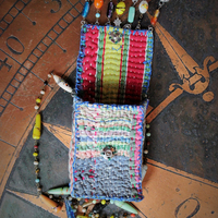 NEW! Antique Kantha Handstitched Pounch Pendant w/Miniature Bound The Prophet Book,Antique Art Deco Mardis Gras Beads & Chains,French Medals & Sparrows