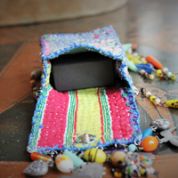 NEW! Antique Kantha Handstitched Pounch Pendant w/Miniature Bound The Prophet Book,Antique Art Deco Mardis Gras Beads & Chains,French Medals & Sparrows