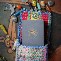 NEW! Antique Kantha Handstitched Pounch Pendant w/Miniature Bound The Prophet Book,Antique Art Deco Mardis Gras Beads & Chains,French Medals & Sparrows