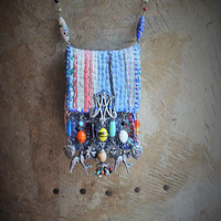NEW! Antique Kantha Handstitched Pounch Pendant w/Miniature Bound The Prophet Book,Antique Art Deco Mardis Gras Beads & Chains,French Medals & Sparrows