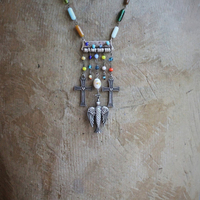 Peace Dove Necklace w/Antique Art Deco Mardi Gras Glass Bead Chain & Dangles,French Dove of Peace Pendant, French "Adveniat Regnum Tuum" (Thy Kingdom Come) Crosses