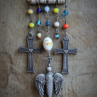 Peace Dove Necklace w/Antique Art Deco Mardi Gras Glass Bead Chain & Dangles,French Dove of Peace Pendant, French "Adveniat Regnum Tuum" (Thy Kingdom Come) Crosses