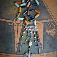 Peace Dove Necklace w/Antique Art Deco Mardi Gras Glass Bead Chain & Dangles,French Dove of Peace Pendant, French "Adveniat Regnum Tuum" (Thy Kingdom Come) Crosses