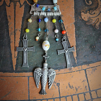 Peace Dove Necklace w/Antique Art Deco Mardi Gras Glass Bead Chain & Dangles,French Dove of Peace Pendant, French "Adveniat Regnum Tuum" (Thy Kingdom Come) Crosses